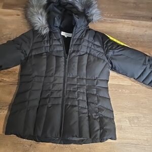 1055 CALVIN KLEIN Hooded Down Filled Puffer Jacket Med Zip Pockets Inner Pockets